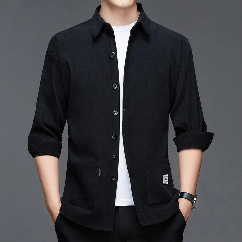 New Men Casual and Fashionable Long Sleeved Workwear Shirt Solid Color Comfortable and Breathable Versatile Top for All Seasons