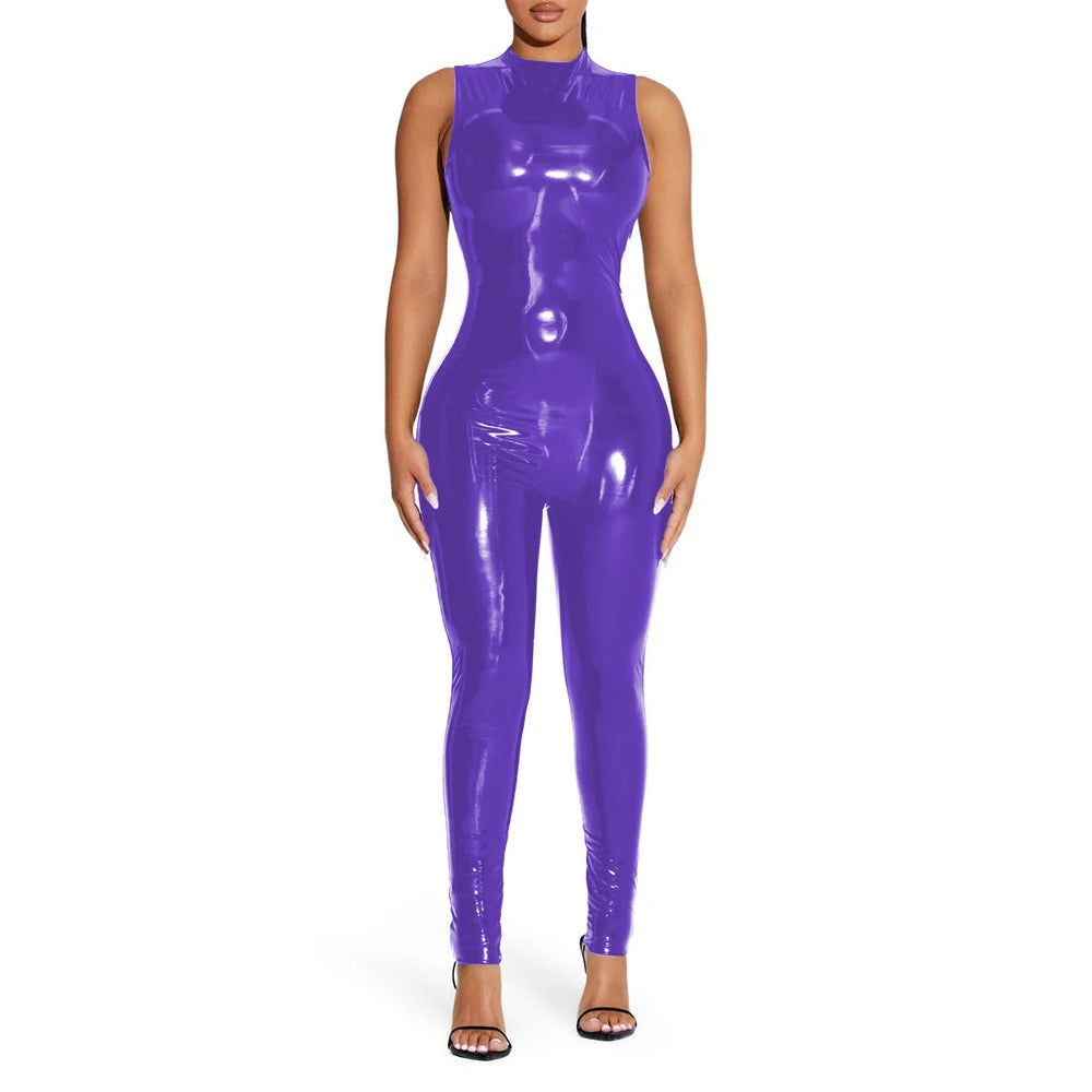 PVC Sleeveless Jumpsuit for Ladies, Wet Look, Shiny Patent Leather, O-Neck Bodycon, Tank Catsuit, Stretch Slim Rompers, Sexy