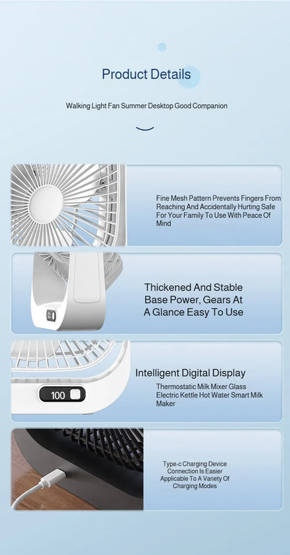 Mini Desktop Fan High Wind Power Rechargeable Plugin Circulation Intelligent Speed Control 360° Rotation Home Office Cooling