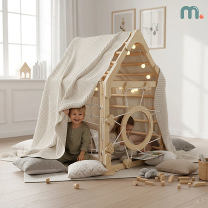 Mamabrum Large Wooden Square Play House Climbing With Slide Ladder for Children 3 + Montessori Large Motorite