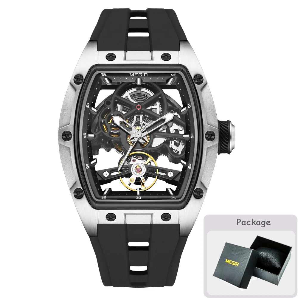 MEGIR Tonneau Skeleton Mechanical Watch Men Sport Wristwatch Silicone Strap Luxury Hollow Dial Male Automatic Mechanical Watches