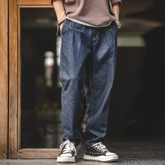 Maden Retro Denim Wash Baggy Men's Jeans Wide Leg Tapered Pants Fashion Casual Streetwear Jean Straight Elastic Men Trousers
