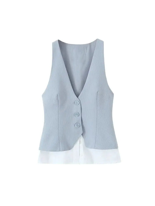 Women's Fashion Striped Patchwork Vest Sleeveless V-Neck Waistcoat Chic Outerwear Front Button Chic Vest Tops