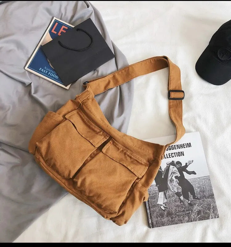 Classic Vintage Canvas Shoulder Bag Women Solid Soft Travel Women Crossbody Bag Large Capacity Fashion Handbag Tote Bag Women