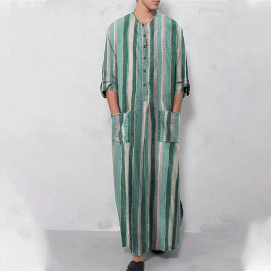 New Men Islam Qamis Muslim Striped Robes Long Sleeve Button-down Arabian Kaftan Suit Middle East Dubai Abaya Summer Man Clothing