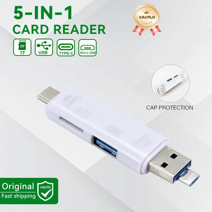 6-in-1 USB 3.0 & Type-C Card Reader OTG – Multi-function SD/TF/Micro SD Card Adapter with USB 3.0 Port, High Speed Data Transfer