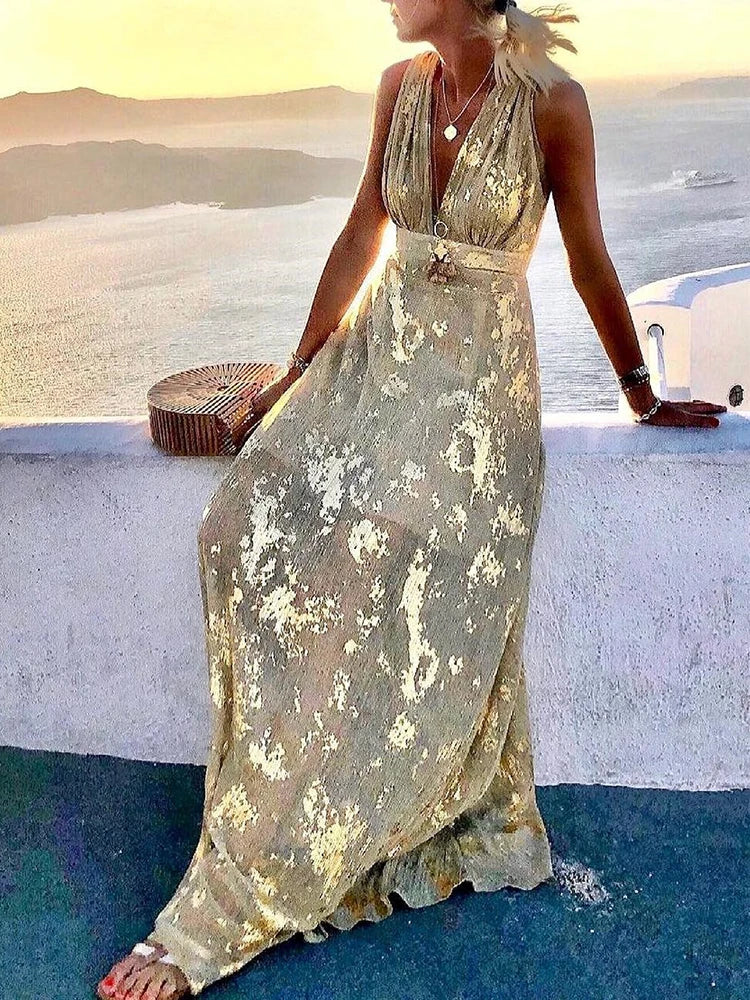 Women Deep V-Neck Maxi Party Dress Summer Patchwork Sleeveless Solid Casual Holiday Ladies Dress Elegant Streetwear Dropshipping