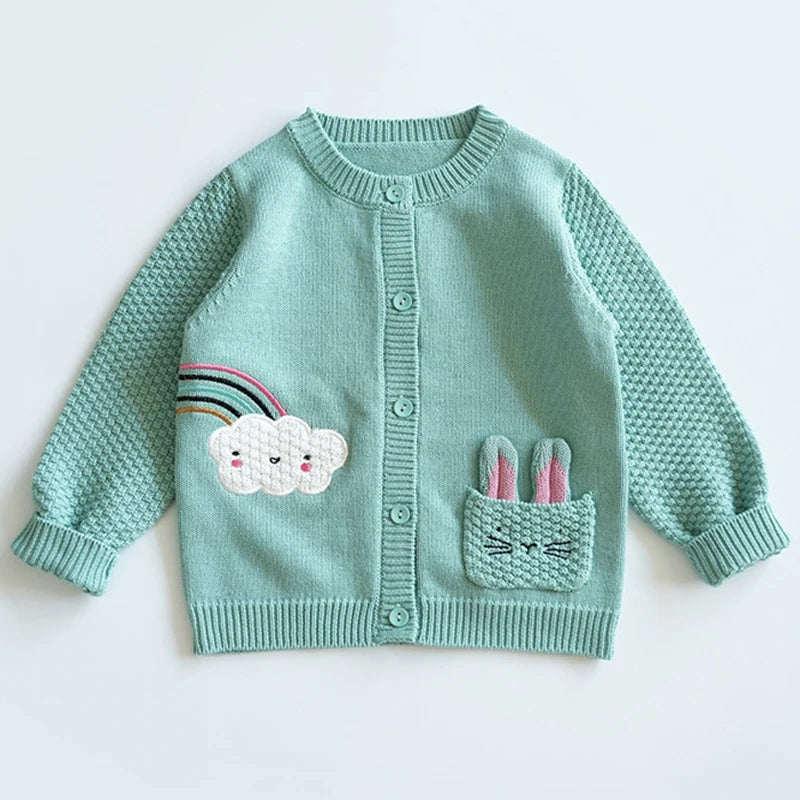 Baby Girls Embroidery Sweater Cardigan Autumn Fashion Cotton Floral Collar Kids Knitted Cardigan Rabbit Coat Outerwear Korean