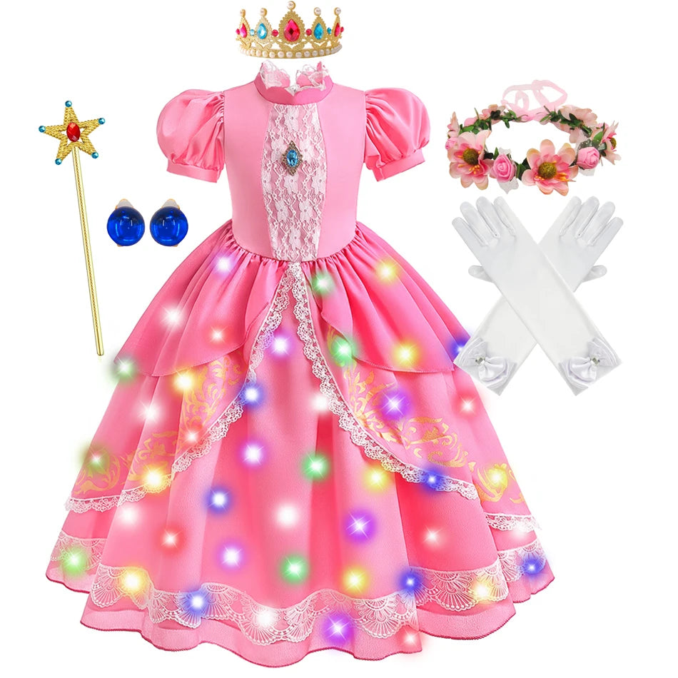 Peach Princess Costume with LED Color Light Toddler Birthday Game Role Play Dress Girl Halloween Festival Gown Pink Lace 4-8 Y