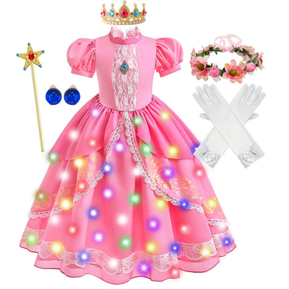 Peach Princess Costume with LED Color Light Toddler Birthday Game Role Play Dress Girl Halloween Festival Gown Pink Lace 4-8 Y
