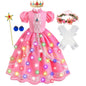 Peach Princess Costume with LED Color Light Toddler Birthday Game Role Play Dress Girl Halloween Festival Gown Pink Lace 4-8 Y