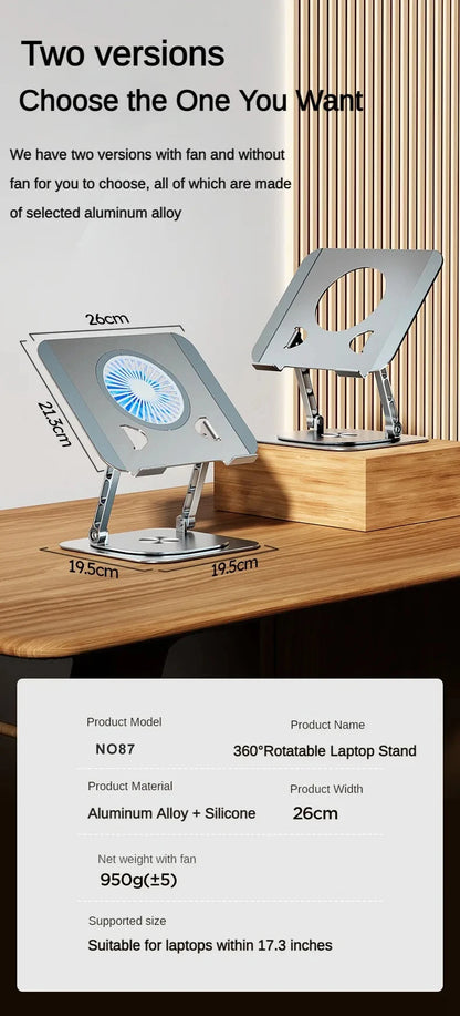 Laptop Stand 360° Rotatable Aluminum Alloy Tablet Cooling Stand with Folding Fan Radiator Support Lift Anti-skid for 7-17 Inch