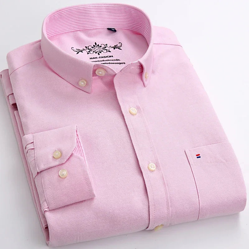 Classic Fit Cotton Full Casual Shirts for Men Solid Color Long-Sleeve Plain Shirt Single Pocket Top Soft Slim Fit Formal Clothes