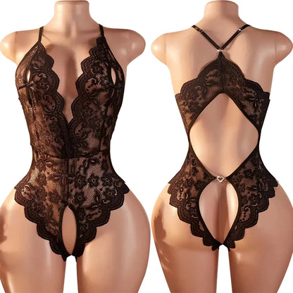 One Pieces Bodysuit Plus Size Women Lace Jumpsuit Erotic Outfits Sexy Backless Romper Deep V Open Bra Crotchless Teddy Bodysuits