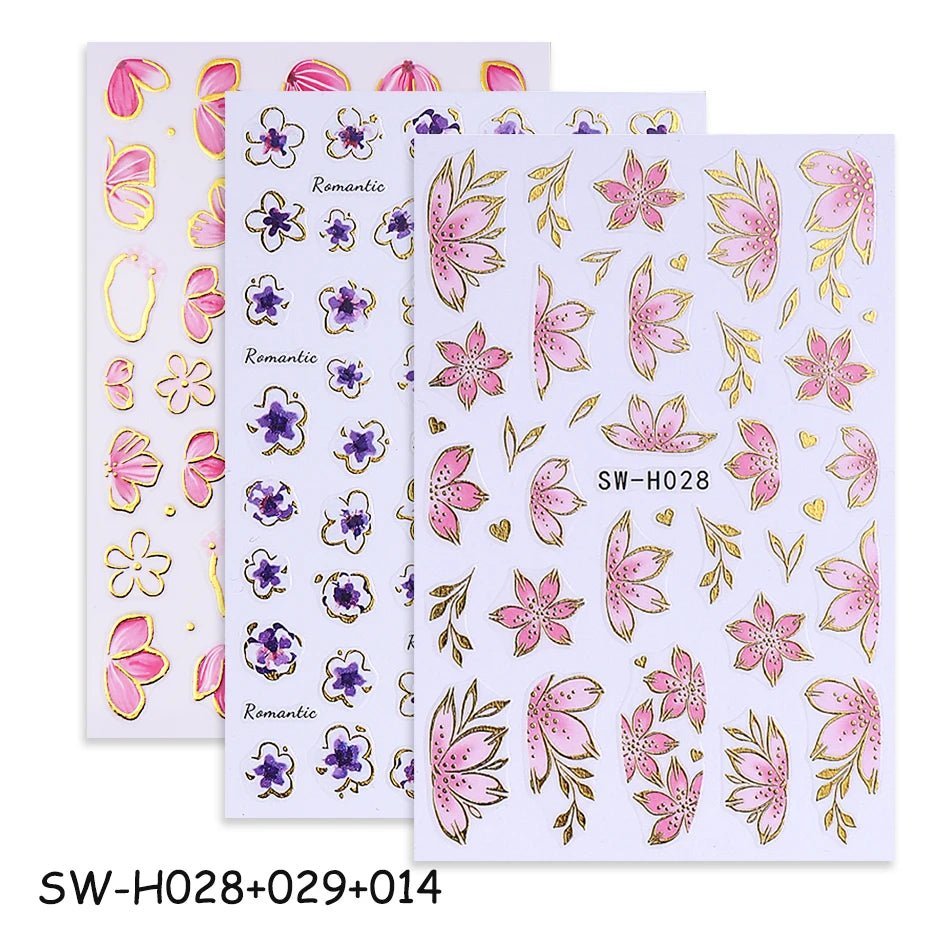 2/3pcs Golden Pink Hibiscus Flower Nail Stickers 3D Bronzing Border Petals Sakura Line Sliders Nail Decals DIY Manicure Decor