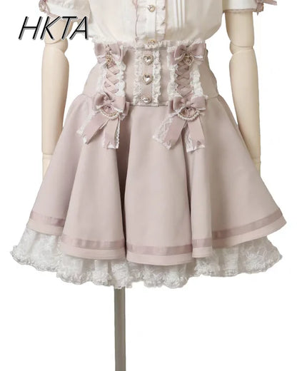 Japanese Liz Skirt High Waist Thin Kawaii Cute Bow Lolita Skirts Women Summer New Elastic High Waist Ruffle Short Pleated Skirt