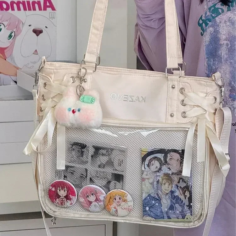 College Style Crossbody Bag with Ribbon Large Capacity for Class Book Carrying Mailman Bag Girls Bow JK Shoulder Ita Bag Handbag