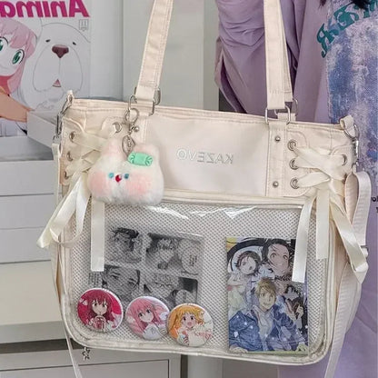 College Style Crossbody Bag with Ribbon Large Capacity for Class Book Carrying Mailman Bag Girls Bow JK Shoulder Ita Bag Handbag