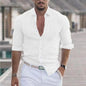 New Men's Shirt Cotton linen Fashion Casual Polo Neck Beach Shirt Long Sleeve Solid Hawaiian Holiday Shirts