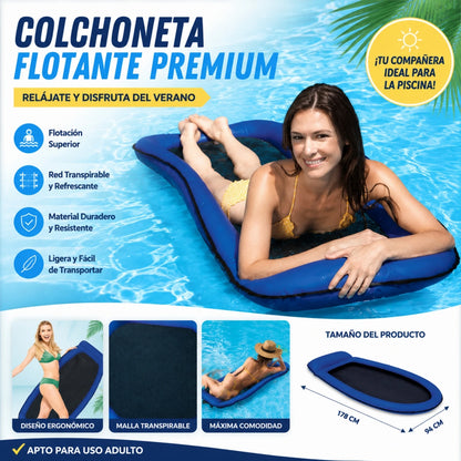 Inflatable adult floating mat 178x94cm integrated headrest breathable mesh durable PVC max load 110kg safety valve pool beach lake easy to inflate foldable summer