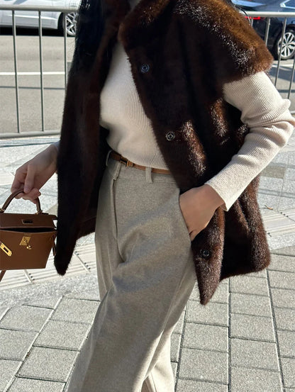 Women's Autumn Winter Faux Mink Hair Stand Collar Sleeveless Loose Vest Jacket Lady Streetwear Single Breasted Faux Fur Vest Top