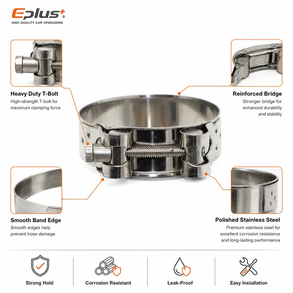 5PCS Stainless Steel European Heavy Duty Hose Clamp Universal T-Bolt Clamp 17-103mm Adjustable for Car Moto & Industrial Pipes