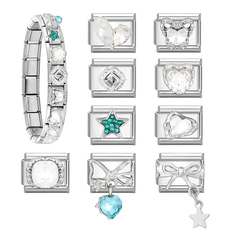 Shiny Zircon Stars Heart Bow Knot Butterfly Italian Charm Links Fit 9mm Stainless Steel Bracelet Women Jewelry DIY Making Gifts