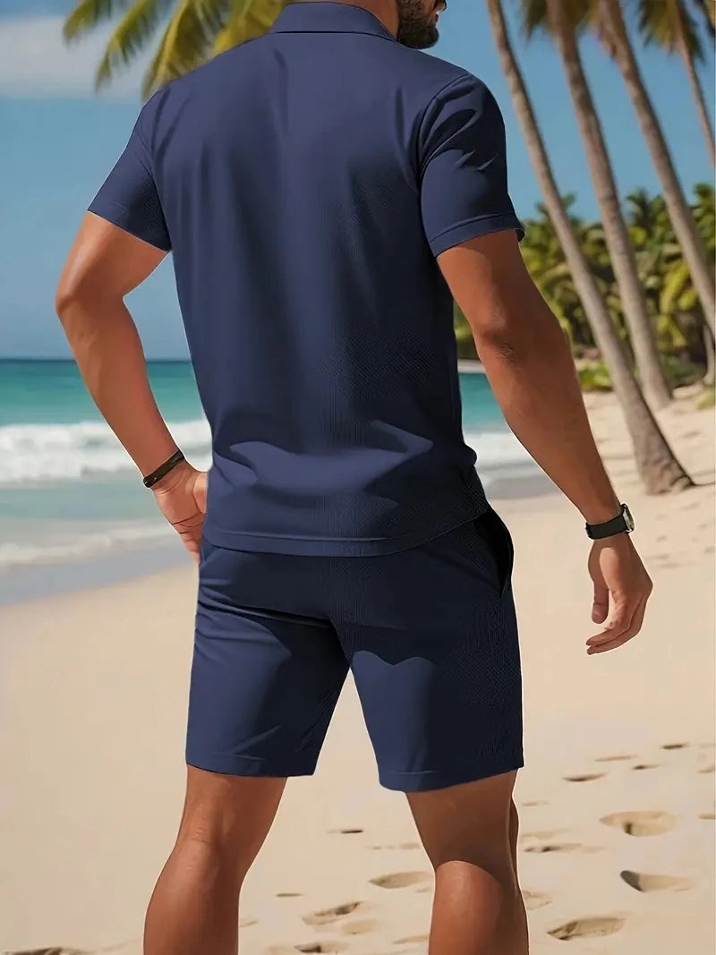 Summer Casual Versatile Fashion Short-Sleeved Button-Down Polo Shirt And Breathable Mesh Shorts Set for Men Plus Size
