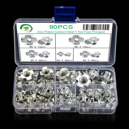 90pcs M3/M4/M5/M6/M8 Woodworking Tools Captive Nuts Four Prong Furniture T Nut Inserts Wood Zinc Plated Carpentry Tool