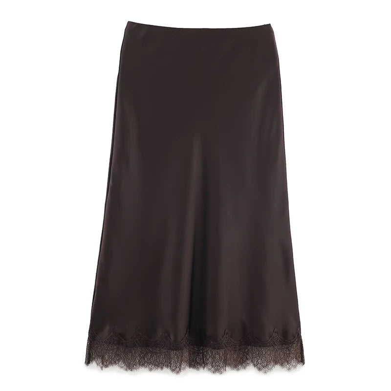 Willshela Women Fashion Solid Lace Side Hem Pleated A-Line Midi Skirt Vintage High Elastic Waist Female Chic Lady Skirts