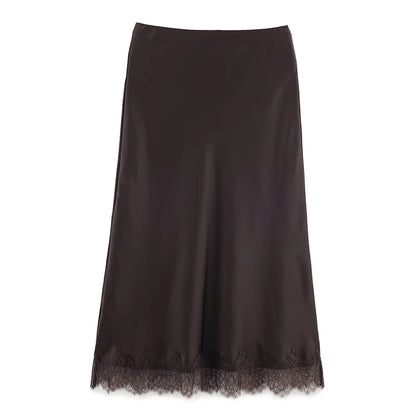 Willshela Women Fashion Solid Lace Side Hem Pleated A-Line Midi Skirt Vintage High Elastic Waist Female Chic Lady Skirts