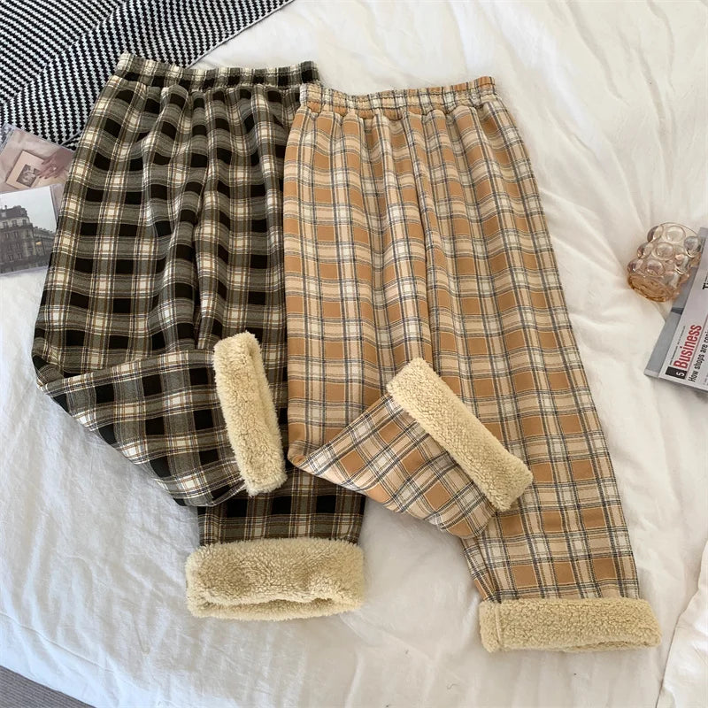 JMPRS Fashion Warm Plush Pants Thick Plaid Women Casual Loose Wide Leg Trousers Korean Streetwear Straight Student Pants New
