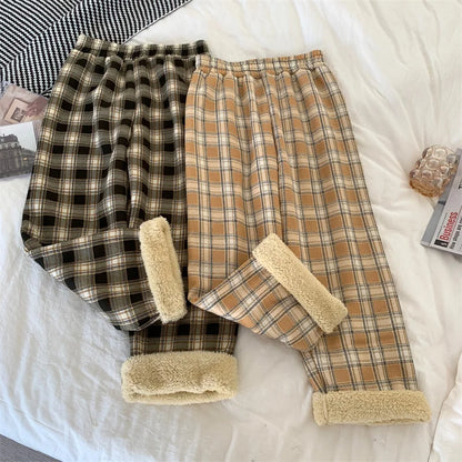 JMPRS Fashion Warm Plush Pants Thick Plaid Women Casual Loose Wide Leg Trousers Korean Streetwear Straight Student Pants New
