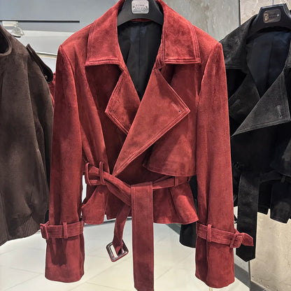 YOLOAgain 2025 Autumn Elegant Real Leather Jacket Coat Women Oversized Leather Jacket With Belt
