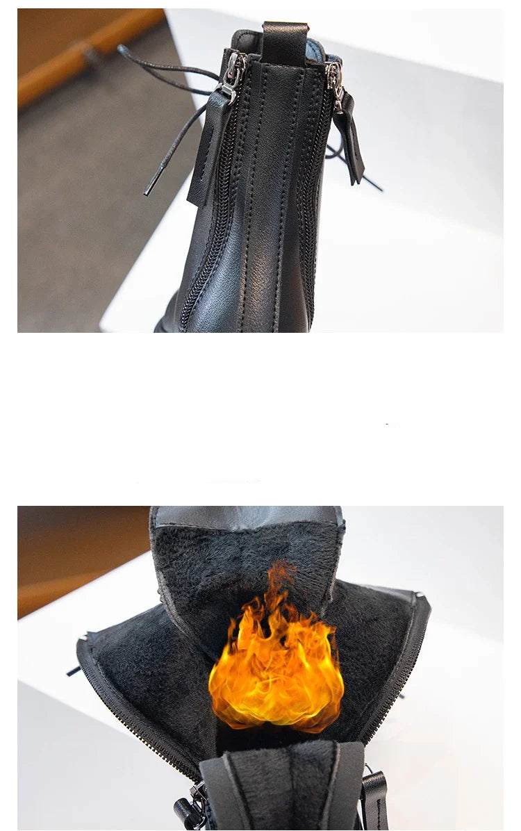 Girls Fashion Boots Black Warm Motorcycle Boots Autumn Winter Kids Ankle Boots Double Zipper Anti-skid Children Rubber Boots New