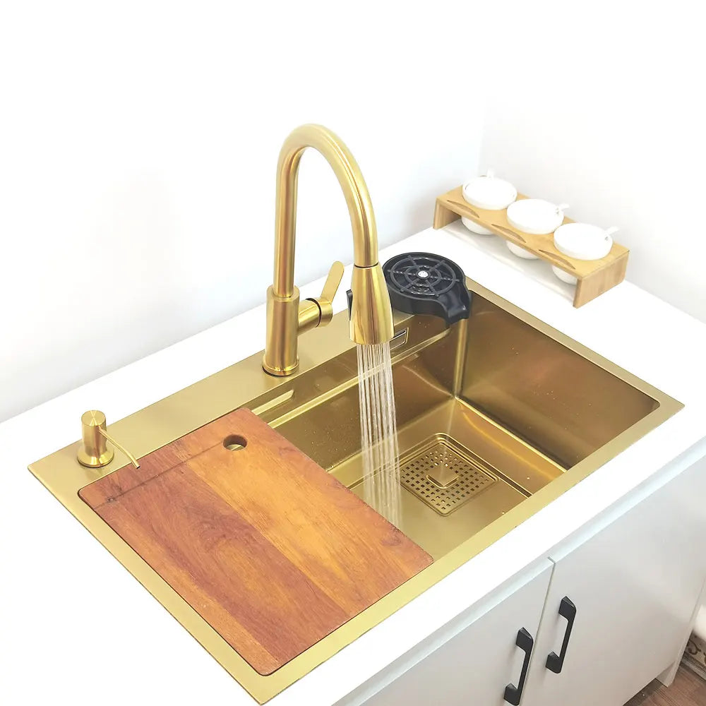 Gold Waterfall Faucet Kitchen Sink Nano Sink 304 Stainless Steel Golden Topmount Single Bowl Wash Basin 4 Function Kitchen Faucet