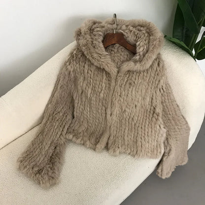 2024 Short Rabbit Fur Coat for Women Autumn Winter New Encrypted Thickened Handmade Double-sided Woven Hooded Korean Style