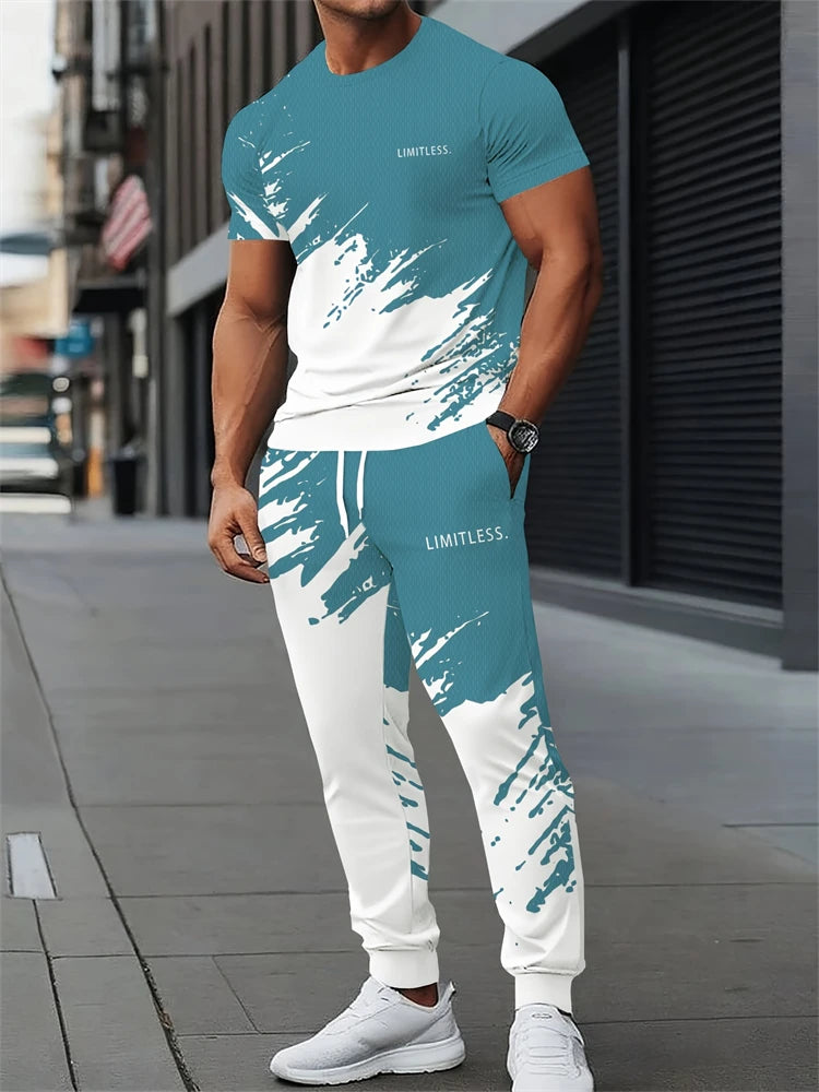 New Men's Letter Print Two-piece Set Outdoor Casual Round Neck Short Sleeve Drawstring Long Pants Plus Size Loose Fit Outfit