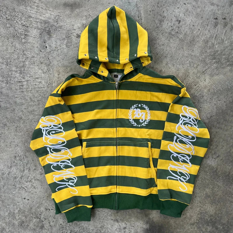 Y2K Street Kid Zip Up Hoodie Stripe Rivet Embroidery Pattern Sweatshirt New Men Hip Hop Fashion Streetwear Unisex Boxy Clothing