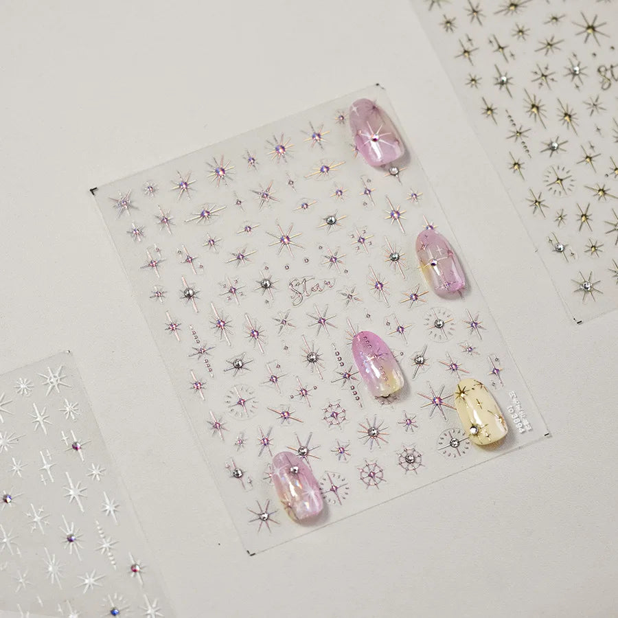Gold Silver Starlight Laser Pink Colorful Glitter Star Bronzing Rhinestones Relief Nail Art Decorations Stickers Manicure Decals