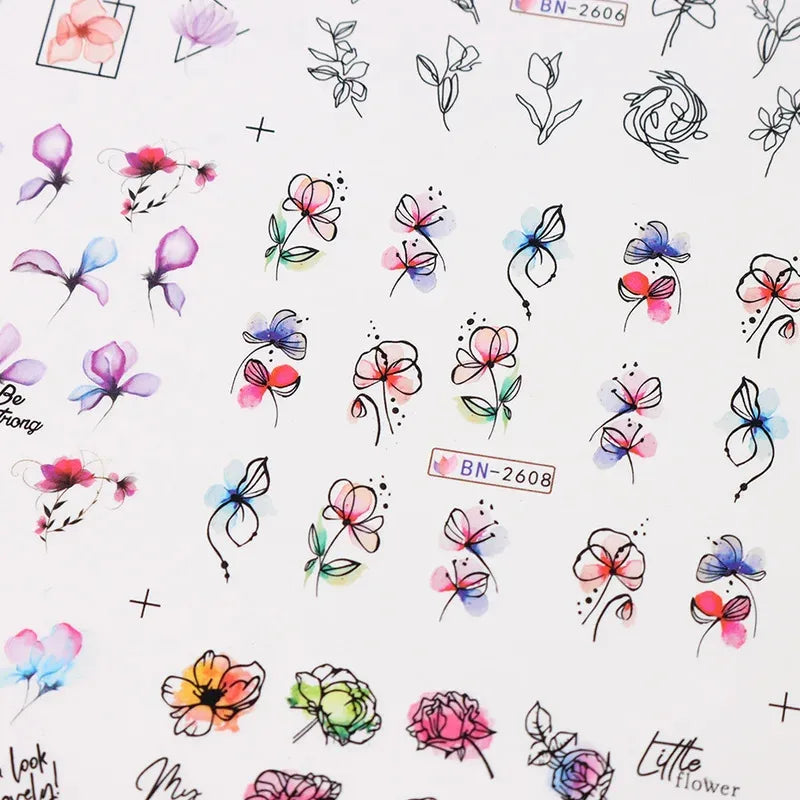 12Spring and Summer Water Transfer Ink Floral Nail Sticker Set Contains Blooming Flowers and Green Leaves Graffiti Slider Nail