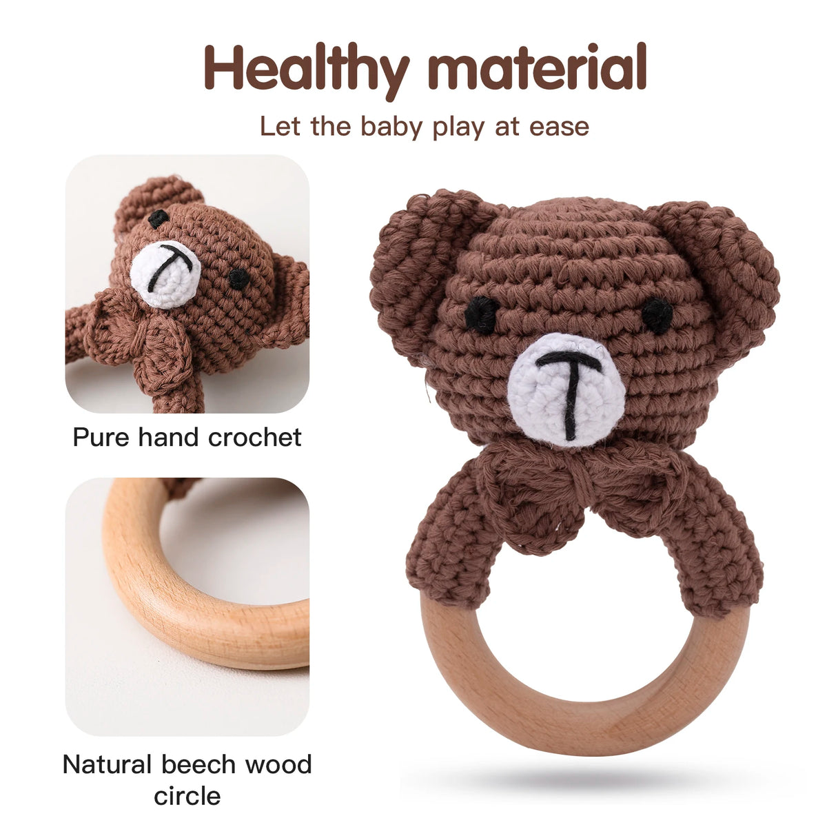 1pc Baby Teether Music Rattles for Kids Animal Crochet Rattle Elephant Giraffe Ring Wooden Babies Gym Montessori Children's Toys