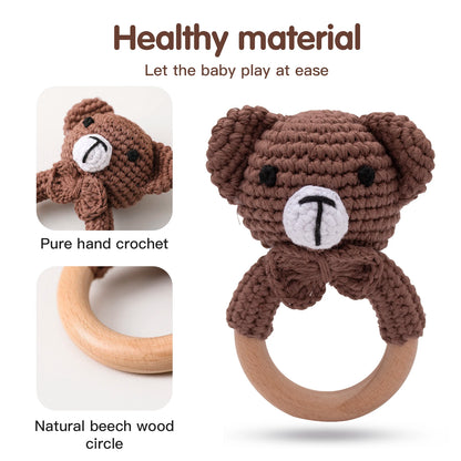 1pc Baby Teether Music Rattles for Kids Animal Crochet Rattle Elephant Giraffe Ring Wooden Babies Gym Montessori Children's Toys