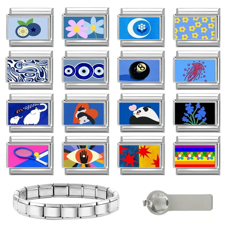 Fashion Blue NO.8 Ball Panda Elephant Cat Flower Italian Charms Fit 9mm Stainless Steel Women Fashion Bracelet DIY Jewelry Gifts