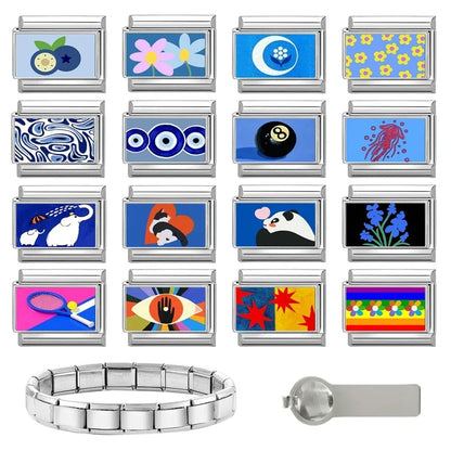 Fashion Blue NO.8 Ball Panda Elephant Cat Flower Italian Charms Fit 9mm Stainless Steel Women Fashion Bracelet DIY Jewelry Gifts