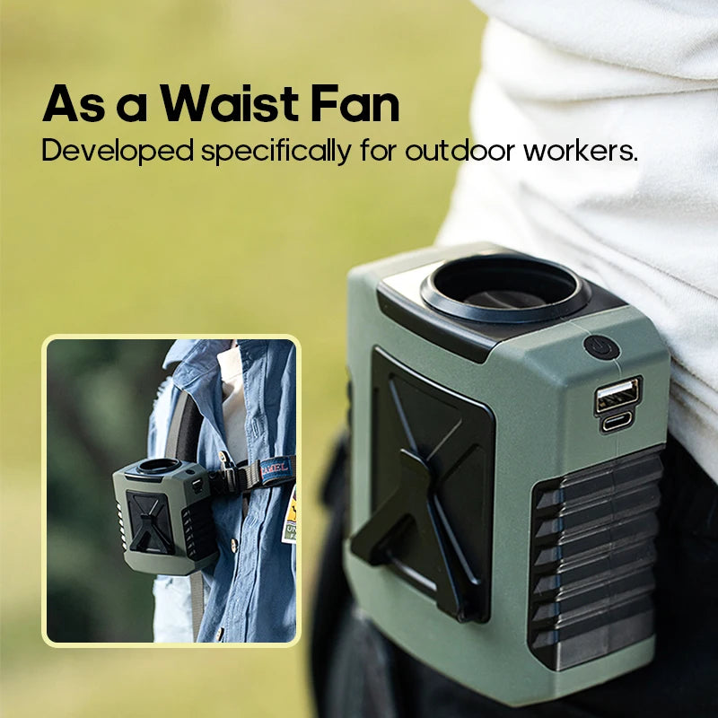 8000mAh Outdoor Portable Waist Fan Hanging Neck Fan Strong Wind with Power Bank LED Lighting for Sports Courier Outdoor Working