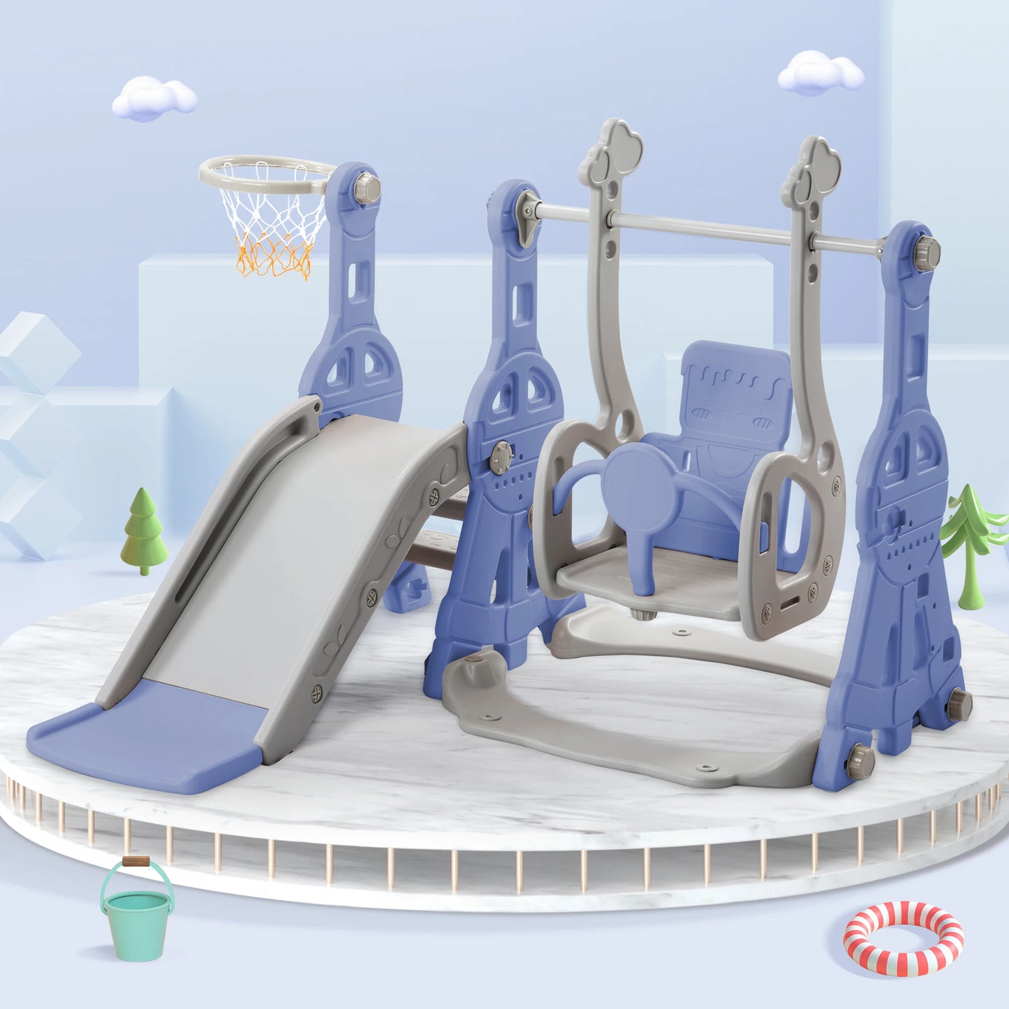 Anajqaqia 4-in-1 Children's Slide and Swing Set with Climbing Ladder & Basketball Hoop, Indoor Outdoor Toddler Play Centre, Blue