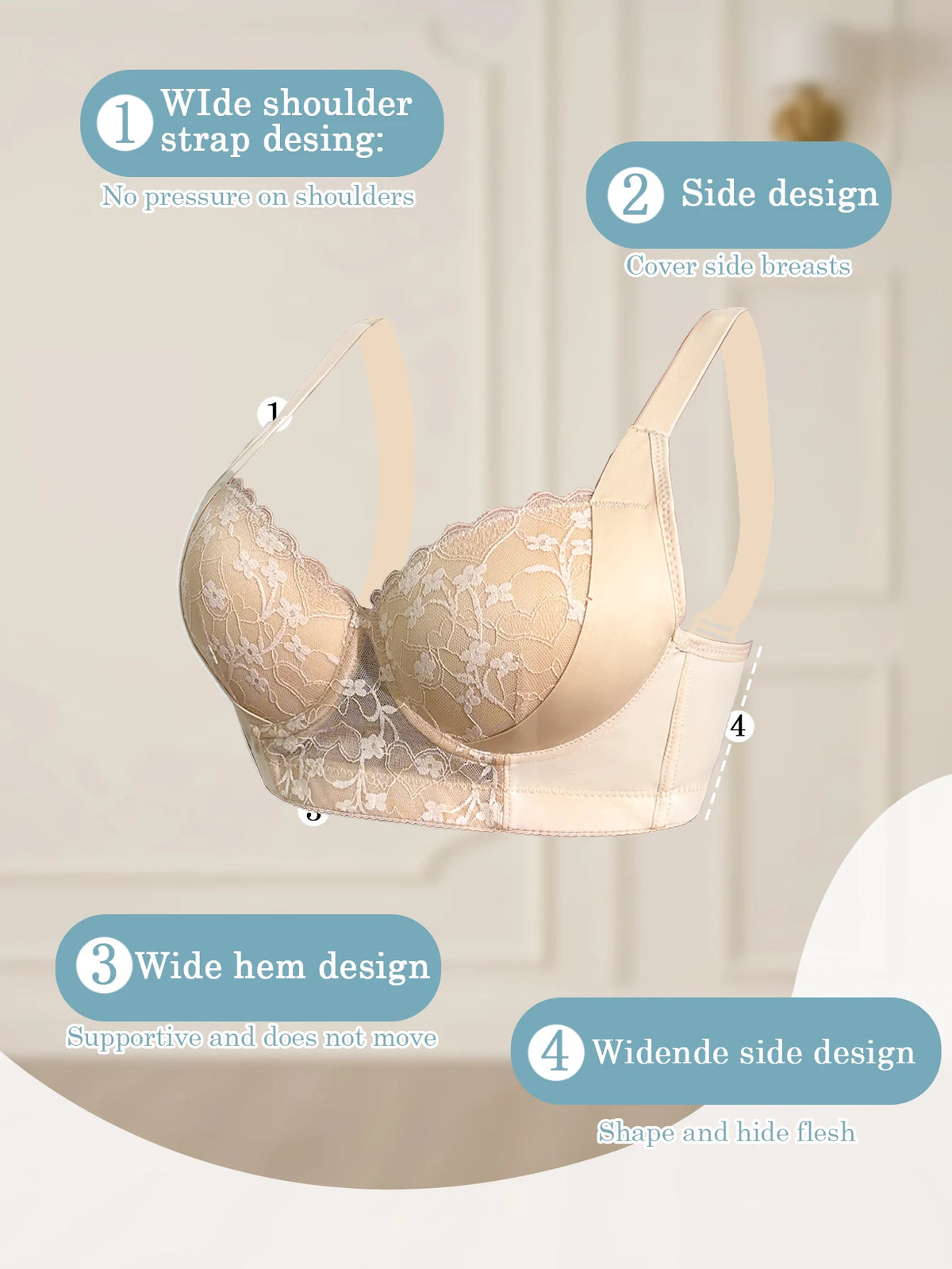Sexy Women's A B C D Cup Large Size Lace Bras, Lace Splicing Underwire Bra, Push-Up and Side Breast Minimizing, Comfortable Women's Lingerie Bra