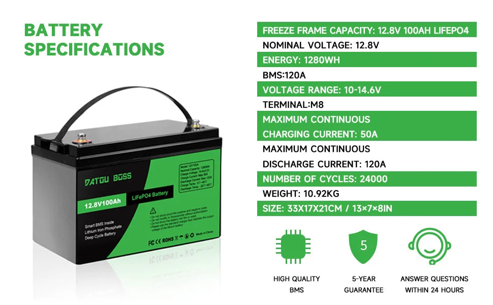 DATOUBOSS 12V100Ah Deep Cycle Lithium Iron Phosphate Battery Built-in Intelligent BMS For RV Golf Cart Boat Solar System NO TAX