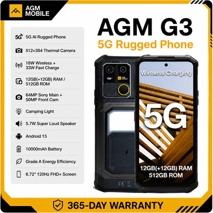 AGM G3 5G Rugged Phone 24GB(12+12) 512GB Wireless Charging 10000mAh Phone 6.72' 120Hz Dimensity 7300 Android15 Camping Light